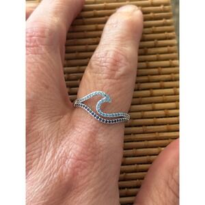 S925 Sterling Silver Blue Ombre Wave Ring Pave Nautical Beach Jewelry Womens